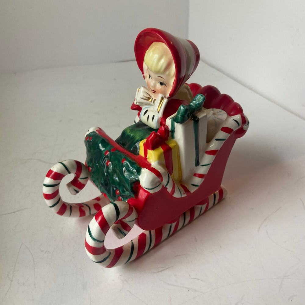 Lefton's Shopper Girl Christmas Candy Cane Sleigh Signed 1956 Japan Vintage EUC